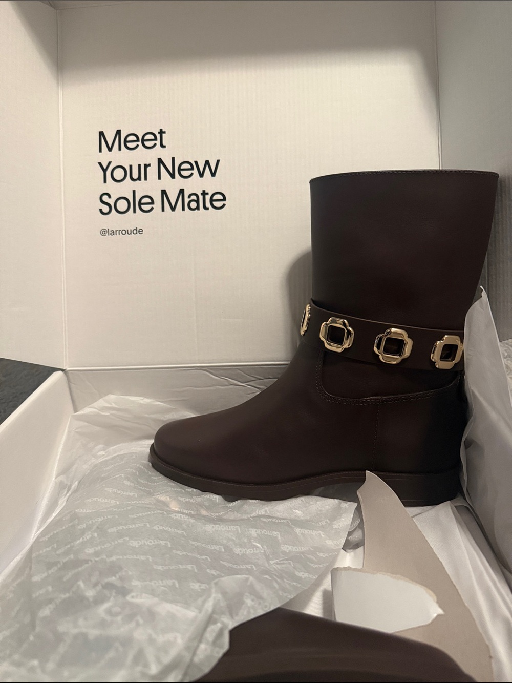 Larroude Milan Flat Bootie In Brown Water Resistant Leather